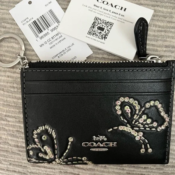 Coach Black Leather Card Case Keyring with Sequin Butterfly Accent - Picture 1 of 8